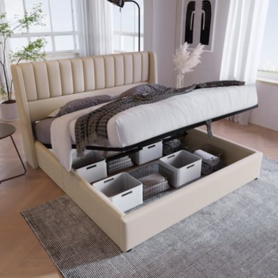 Lit coffre 140 x 200 cm - Lit Double avec Sommier à Lattes - Lin Bois Métal - Sans Matelas - Beige