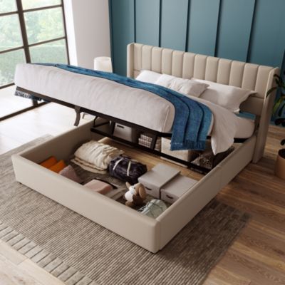 Lit coffre 140 x 200 cm - Lit Double avec Sommier à Lattes - Lin Bois Métal - Sans Matelas - Beige