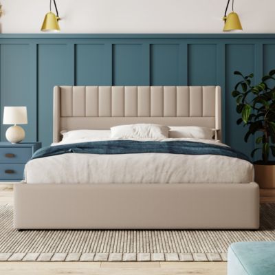 Lit coffre 140 x 200 cm - Lit Double avec Sommier à Lattes - Lin Bois Métal - Sans Matelas - Beige