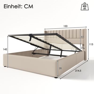 Lit coffre 140 x 200 cm - Lit Double avec Sommier à Lattes - Lin Bois Métal - Sans Matelas - Beige