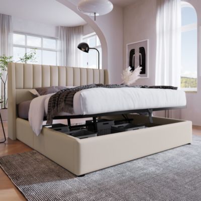 Lit coffre 140 x 200 cm - Lit Double avec Sommier à Lattes - Lin Bois Métal - Sans Matelas - Beige