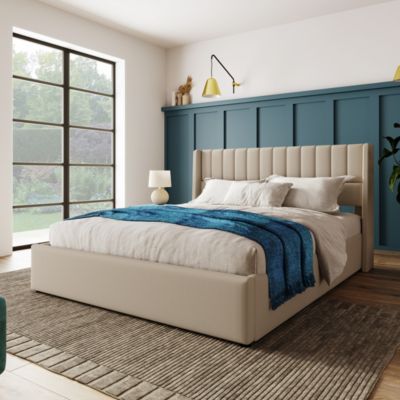 Lit coffre 140 x 200 cm - Lit Double avec Sommier à Lattes - Lin Bois Métal - Sans Matelas - Beige