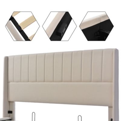 Lit coffre 140 x 200 cm - Lit Double avec Sommier à Lattes - Lin Bois Métal - Sans Matelas - Beige