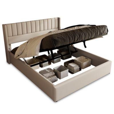 Lit coffre 140 x 200 cm - Lit Double avec Sommier à Lattes - Lin Bois Métal - Sans Matelas - Beige