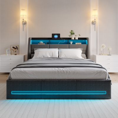 Lit Coffre 140x190 avec sommier LED et USB,Lit Double rembourré avec Rangement hydraulique pour Adultes et Adolescents, Lin, Gris