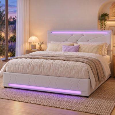 Lit Coffre 140x190 cm avce Sommier, Cadre de lit LED, Lit Double avec port USB, rangement Hydraulique, tissu lin Beige, Moderne