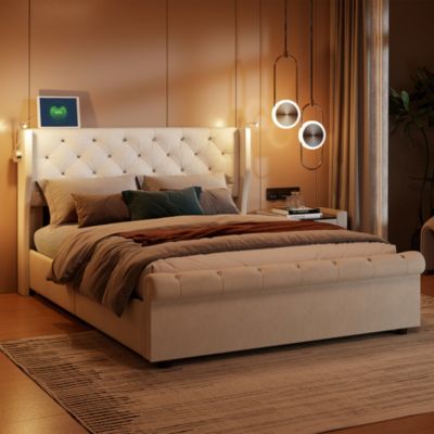 Lit coffre 140x190 cm avec led et ports usb, rangement hydraulique, sommier à lattes, pour adultes et adolescents, beige