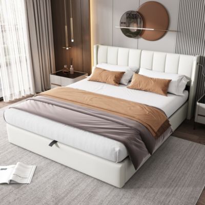 Lit coffre 140x190 cm en PU blanc avec LED et ports USB/Type-C
