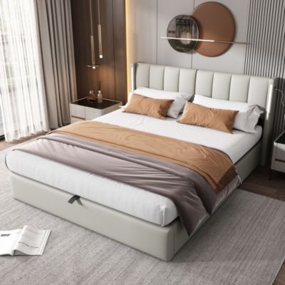 Lit coffre 140x190 cm en PU gris avec LED et ports USB/Type-C