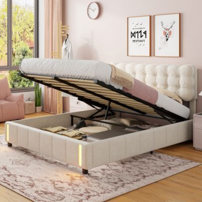 Lit coffre 140x190 cm en velours beige avec led et rangement - sommier à lattes