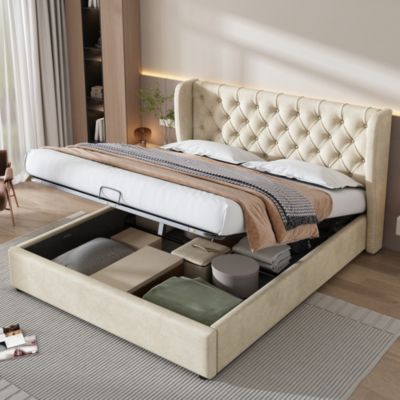 Lit coffre 140x190 cm en velours beige avec sommier à lattes