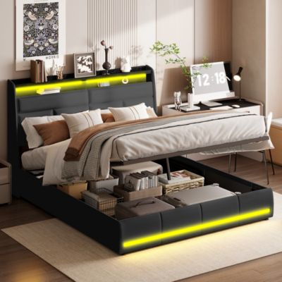 Lit Coffre Adulte 140x200 Cm Avec LED, Rangement, Ports USB-c, Tissu Beige - Lit Double