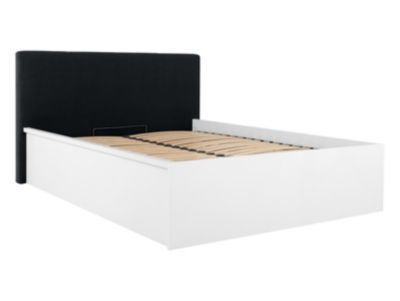 Lit coffre 140x200 avec tête de lit capitonnée ,coloris Blanc brillant/Textile Noir - L. 209,5 x P. 156 x H. 95/40,5 cm
