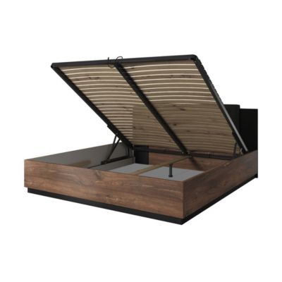 Lit coffre 140x200  Chene foncé et noir  Collection FOX  Sommier inclus