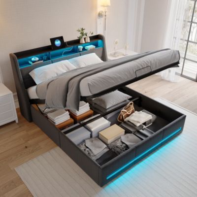 Lit coffre 140x200 cm,  avec rangement hydraulique, LED multicolore, USB et tête de lit avec prise, Gris