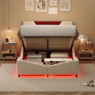 Lit coffre 140x200 cm beige avec tête triangulaire bordeaux, rangement à ouverture assistée par vérin, design moderne et pratique
