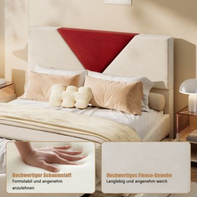 Lit coffre 140x200 cm beige avec tête triangulaire bordeaux, rangement à ouverture assistée par vérin, design moderne et pratique