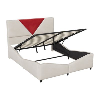 Lit coffre 140x200 cm beige avec tête triangulaire bordeaux, rangement à ouverture assistée par vérin, design moderne et pratique