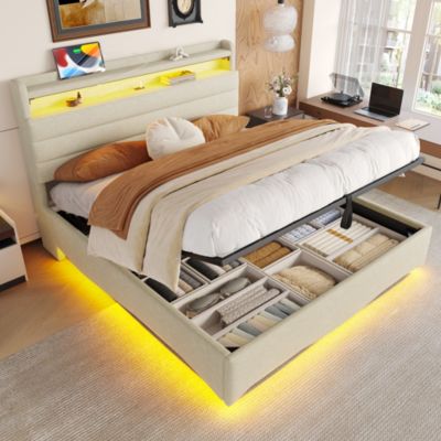 Lit coffre 140x200 cm en lin beige avec LED et ports USB/Type-C