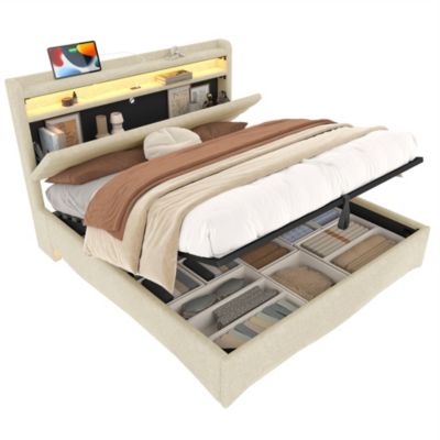 Lit coffre 140x200 cm en lin beige avec LED et ports USB/Type-C