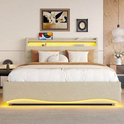 Lit coffre 140x200 cm en lin beige avec LED et ports USB/Type-C