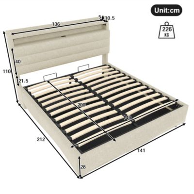 Lit coffre 140x200 cm en lin beige avec LED et ports USB/Type-C