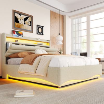 Lit coffre 140x200 cm en lin beige avec LED et ports USB/Type-C