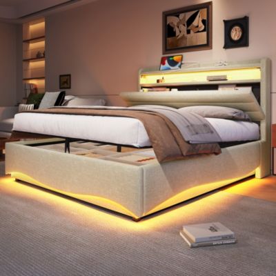 Lit coffre 140x200 cm en lin beige avec LED et ports USB/Type-C