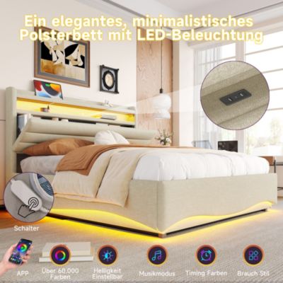 Lit coffre 140x200 cm en lin beige avec LED et ports USB/Type-C