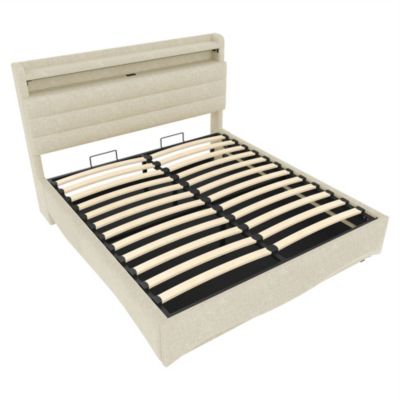 Lit coffre 140x200 cm en lin beige avec LED et ports USB/Type-C