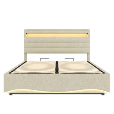 Lit coffre 140x200 cm en lin beige avec LED et ports USB/Type-C