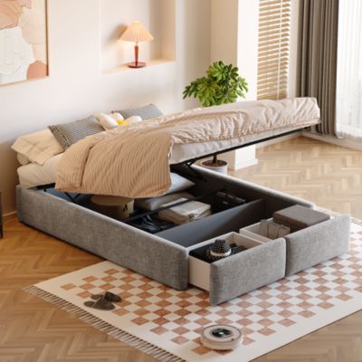 Lit coffre 140x200 cm en tissu gris avec sommier à lattes et 2 tiroirs