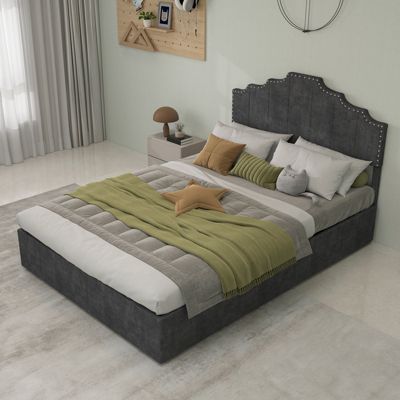 Lit coffre 140x200 cm en tissu gris avec tête de lit géométrique