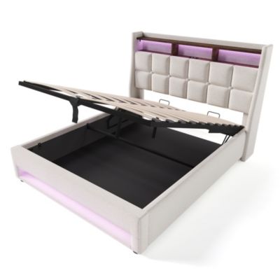 Lit coffre 140x200 cm - Lit ados avec USB et LED - Lin - Sans Matelas ...