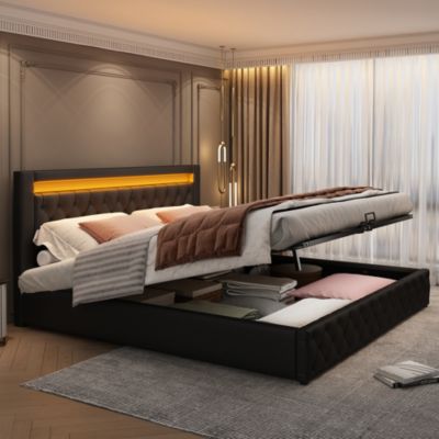 Lit coffre 140x200 cm - Lit double avec coffre de rangement et éclairage LED - Lit capitonné en cuir PU - Sans matelas - Noir