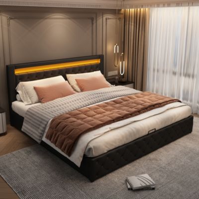 Lit coffre 140x200 cm - Lit double avec coffre de rangement et éclairage LED - Lit capitonné en cuir PU - Sans matelas - Noir