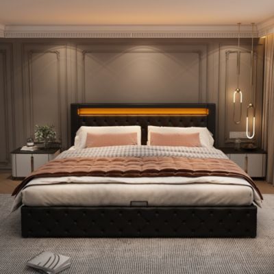 Lit coffre 140x200 cm - Lit double avec coffre de rangement et éclairage LED - Lit capitonné en cuir PU - Sans matelas - Noir