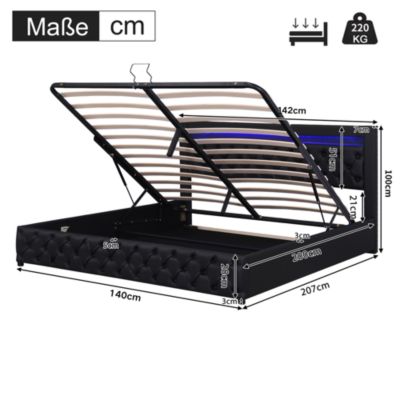 Lit coffre 140x200 cm - Lit double avec coffre de rangement et éclairage LED - Lit capitonné en cuir PU - Sans matelas - Noir