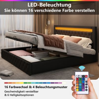 Lit coffre 140x200 cm - Lit double avec coffre de rangement et éclairage LED - Lit capitonné en cuir PU - Sans matelas - Noir