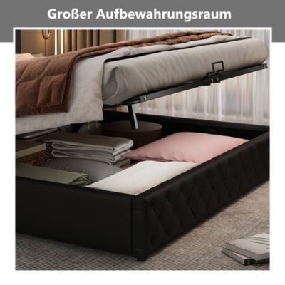Lit coffre 140x200 cm - Lit double avec coffre de rangement et éclairage LED - Lit capitonné en cuir PU - Sans matelas - Noir