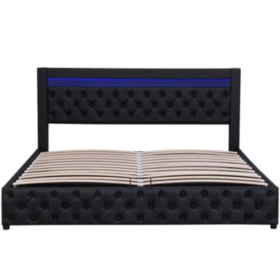 Lit coffre 140x200 cm - Lit double avec coffre de rangement et éclairage LED - Lit capitonné en cuir PU - Sans matelas - Noir