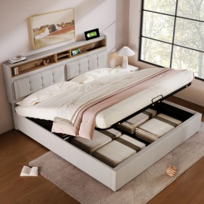 Lit coffre 140x200 cm - Lit double rembourré - Bois massif - Sans Matelas - Beige