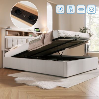 Lit coffre 140x200 cm - Lit double rembourré - Bois massif - Sans Matelas - Beige