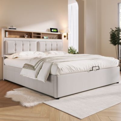Lit coffre 140x200 cm - Lit double rembourré - Bois massif - Sans Matelas - Beige