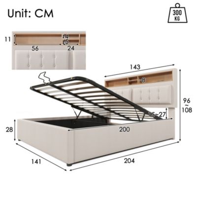 Lit coffre 140x200 cm - Lit double rembourré - Bois massif - Sans Matelas - Beige