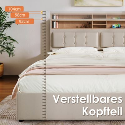 Lit coffre 140x200 cm - Lit double rembourré - Bois massif - Sans Matelas - Beige
