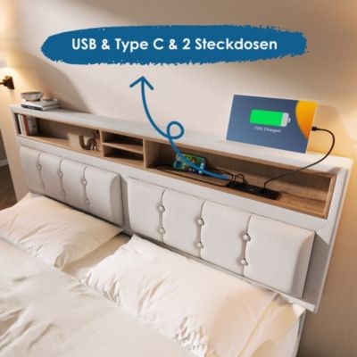 Lit coffre 140x200 cm - Lit double rembourré - Bois massif - Sans Matelas - Beige