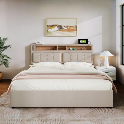 Lit coffre 140x200 cm - Lit double rembourré - Bois massif - Sans Matelas - Beige