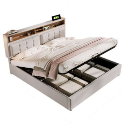 Lit coffre 140x200 cm - Lit double rembourré - Bois massif - Sans Matelas - Beige