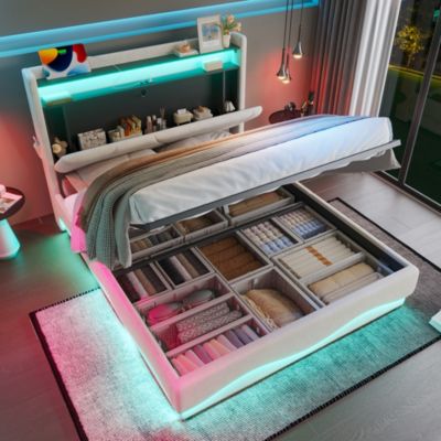 Lit Coffre 140x200 cm - Lit Rembourré avec Éclairage LED et Ports USB Type-C, Tête de Lit à Étagères - sans Matelas - Beige